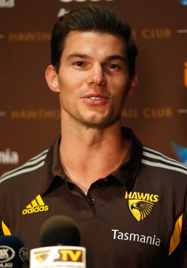 AFL 2016 Media - Jaeger O'Meara Press Conference MELBOURNE, AUSTRALIA - OCTOBER 20: New Hawks recruit Jaeger O'Meara addresses the media during a Hawthorn Hawks press conference at the Ricoh Centre in Melbourne, Australia on October 20, 2016. (Photo by Michael Willson/AFL Media)